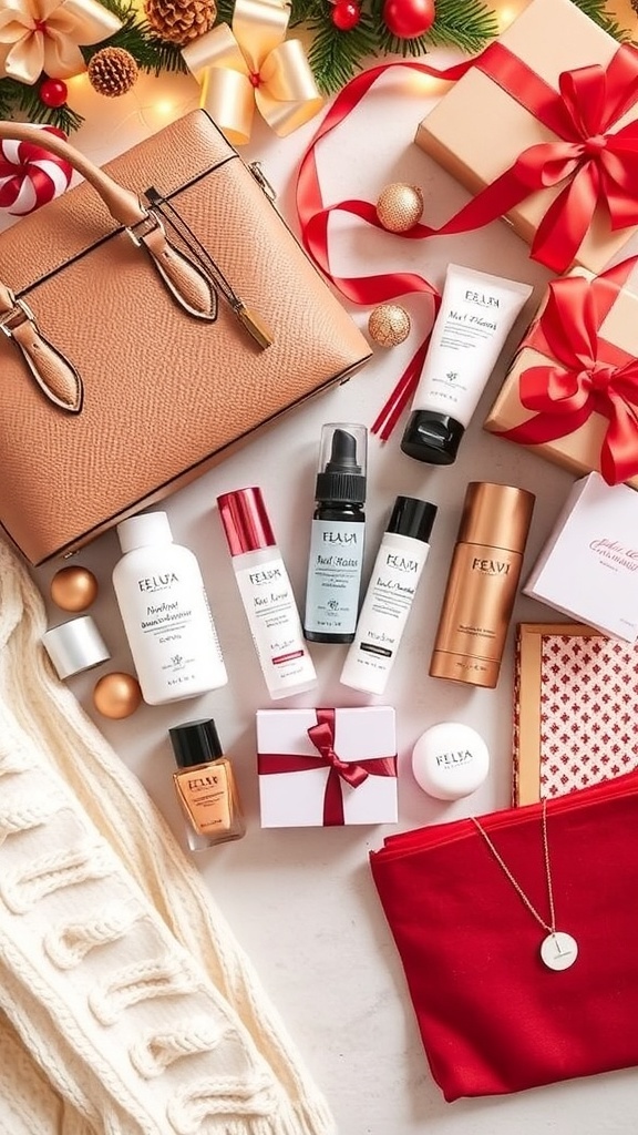 Flat lay of Christmas gifts for women including handbag, skincare, sweater, and jewelry.